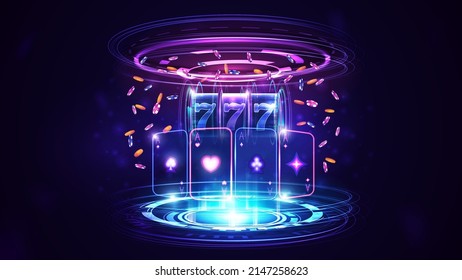 Neon Casino playing cards, slot machine with jackpot, poker chips, gold coins and hologram of digital rings in dark empty scene