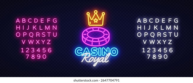 Neon cassino texto real sob brilho chip e coroa ícone. Composição elegante e em negrito com conjuntos alfabéticos em ambos os lados para uso de jogos promocionais.