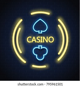 Neon casino sign. Poker, blackjack card suits, spade club. Vintage retro Las Vegas, online casino, bar banner advertising template design. Gambling game vector illustration brick wall background