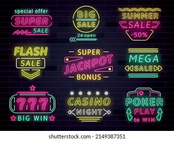 Neon casino signs. Realistic glowing emblems. Gambling light signage. Jackpot and winning bets. Poker game. Sale advertising signboards with arrows. Vector illuminated