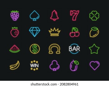 Neon casino slot icon set. Slot machine gamble neon symbol cherry fruit bar lucky casino vector light icons