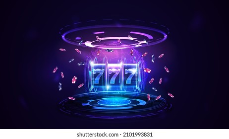 Neon Casino slot machine with jackpot, poker chips and hologram of digital rings in dark empty scene