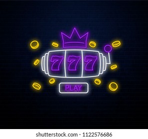 neon casino slots sign isolated on brick wall