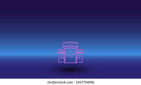 Neon castle symbol on a gradient blue background. The isolated symbol is located in the bottom center. Gradient blue with light blue skyline