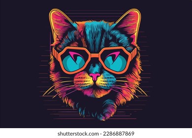 Neon Cat, 80s style t-shirt vector illustration