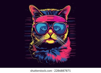 Neon Cat, 80s style t-shirt vector illustration