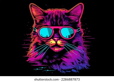 Neon Cat, 80s style t-shirt vector illustration