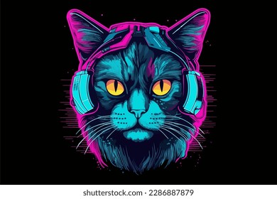 Neon Cat, 80s style t-shirt vector illustration