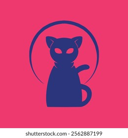 neon cat between moon light silhouette logo