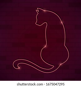 Neon cat on a brick wall background. Neon-style bar sign. Vector illustration