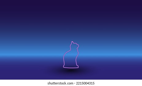 Neon cat symbol on a gradient blue background. The isolated symbol is located in the bottom center. Gradient blue with light blue skyline