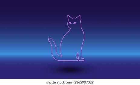 Neon cat symbol on a gradient blue background. The isolated symbol is located in the bottom center. Gradient blue with light blue skyline