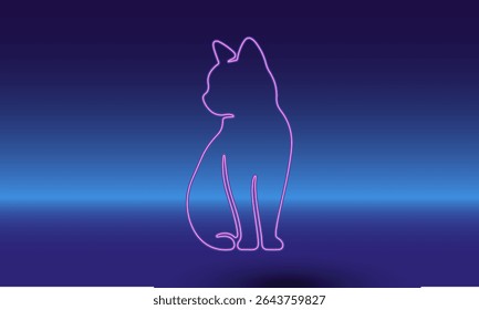 Neon cat symbol on a gradient blue background. The isolated symbol is located in the bottom center. Gradient blue with light blue skyline
