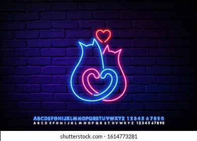 Neon cats in the form of with tails in the form of hearts.  for Valentine's day. Isolated line art style hand-drawn illustration on a brick wall background.