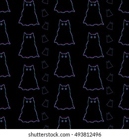 Neon cats spirits for Halloween. Seamless vector illustration for various creative projects