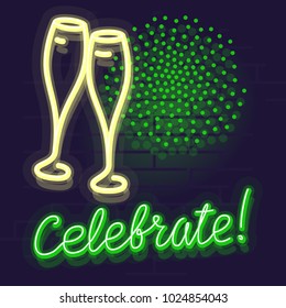 Neon celebrate with fireworks and champagne. Isolated line art style illustration on brick wall background.