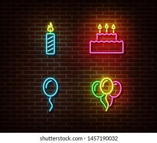 Neon celebration birthday signs vector isolated on brick wall. Candle, cake, air baloon light symbol, decoration effect. Neon happy holiday illustration.