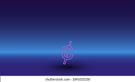 Neon cent symbol on a gradient blue background. The isolated symbol is located in the bottom center. Gradient blue with light blue skyline