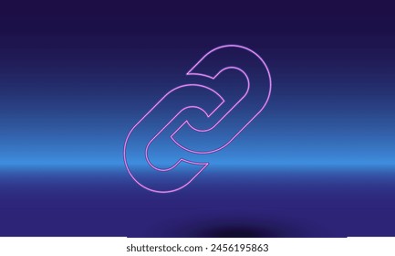 Neon chain symbol on a gradient blue background. The isolated symbol is located in the bottom center. Gradient blue with light blue skyline