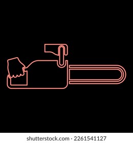 Neon chainsaw in hand lumberjack woodcutter red color vector illustration image flat style