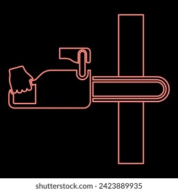 Neon chainsaw sawing board woodchopper concept lumberjack arborist cutting deforestation prunes sprinking red color vector illustration image flat style