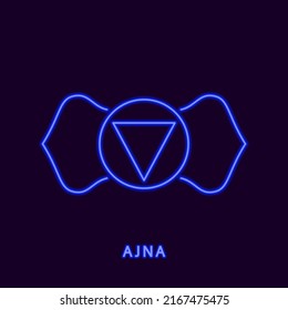 Neon chakra ajna third eye. Luminous blue symbol of subtle penetrating mind and acquisition of supernatural powers. Bhrumadhya to enter unborn divine vector principle