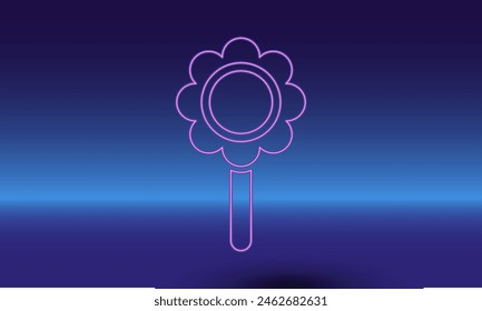 Neon chamomile symbol on a gradient blue background. The isolated symbol is located in the bottom center. Gradient blue with light blue skyline
