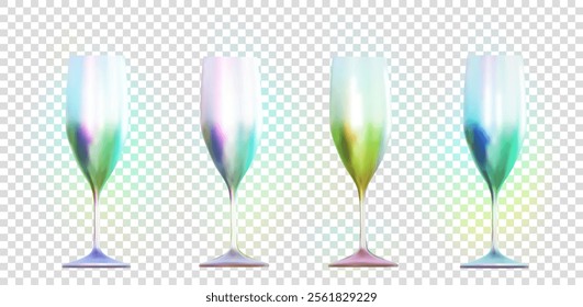 Neon champagne glass. 4 champagne glass stickers. 3d vector shape