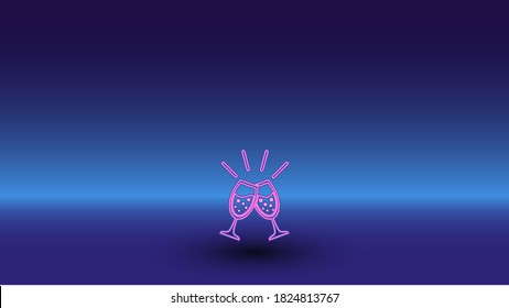 Neon champagne toast symbol on a gradient blue background. The isolated symbol is located in the bottom center. Gradient blue with light blue skyline