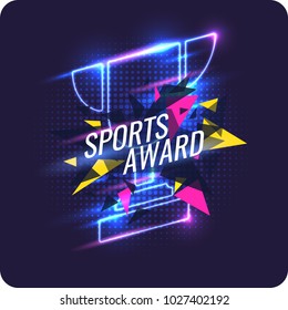 Neon champions Cup. Sports trophy, a prize to the winner. Vector illustration.