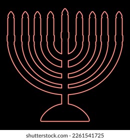 Neon chanukah menorah Jewish holiday candelabra with candles Israel candle holder red color vector illustration image flat style