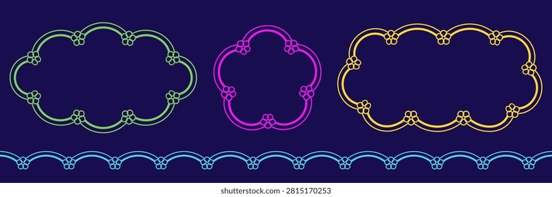 Neon chaplet lace frame. Bright ornamental outline with scalloped border, decorative circular pattern and empty center. Vector