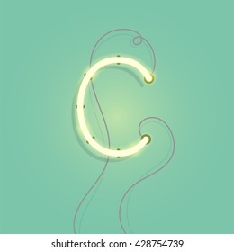 Neon character C vector illustration. Glowing neon lamp letter with wire.