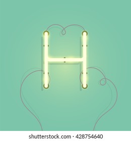 Neon character H vector illustration. Glowing neon lamp letter with wire.