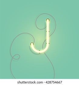 Neon character J vector illustration. Glowing neon lamp letter with wire.