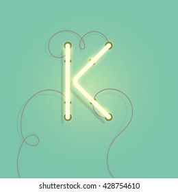 Neon character K vector illustration. Glowing neon lamp letter with wire.