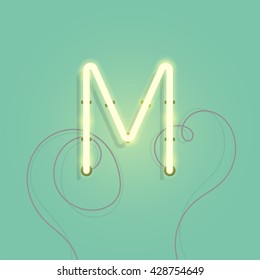 Neon character M vector illustration. Glowing neon lamp letter with wire.