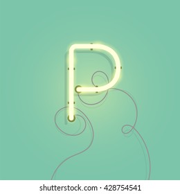 Neon character P vector illustration. Glowing neon lamp letter with wire.