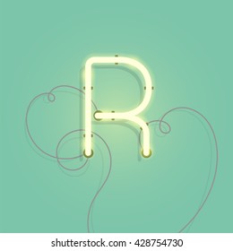 Neon character R vector illustration. Glowing neon lamp letter with wire.