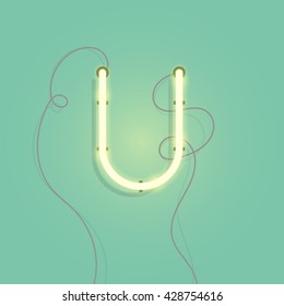 Neon character U vector illustration. Glowing neon lamp letter with wire.