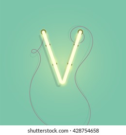 Neon character V vector illustration. Glowing neon lamp letter with wire.