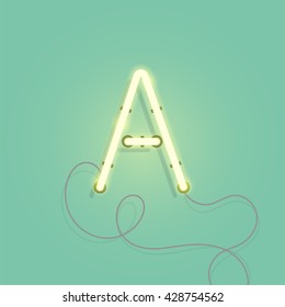 Neon character A vector illustration. Glowing neon lamp letter with wire.