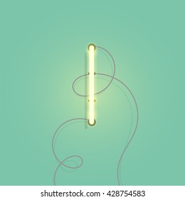 Neon character I vector illustration. Glowing neon lamp letter with wire.