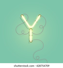 Neon character Y vector illustration. Glowing neon lamp letter with wire.