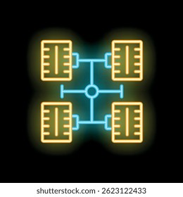Neon chassis with servers connected to network hub icon glowing on black background, concept of data center