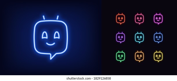 Neon chat bot, glowing icon. Neon voice assistant, virtual chatbot in shape of message bubble. Virtual sound assistant for messenger and mobile app. Icon set, sign, symbol for UI. Vector illustration