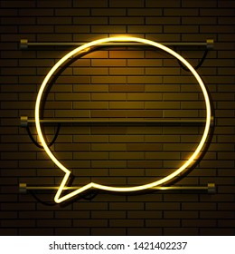 Neon chat bubble sign on dark brick wall background. Las Vegas concept. Vector illustration.