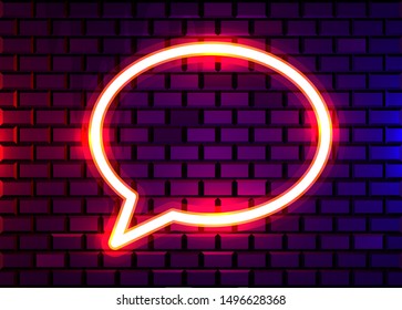 Neon chat bubble sign on dark brick wall background. Las Vegas concept. Vector illustration.