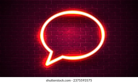 Neon chat bubble sign on dark brick wall background. Las Vegas concept. Vector illustration.