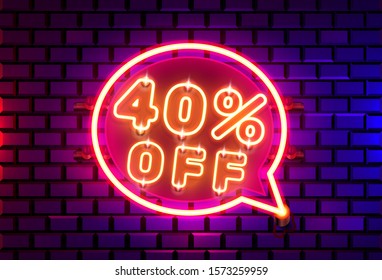 Neon chat frame 40 off text banner. Night Sign board. Vector illustration